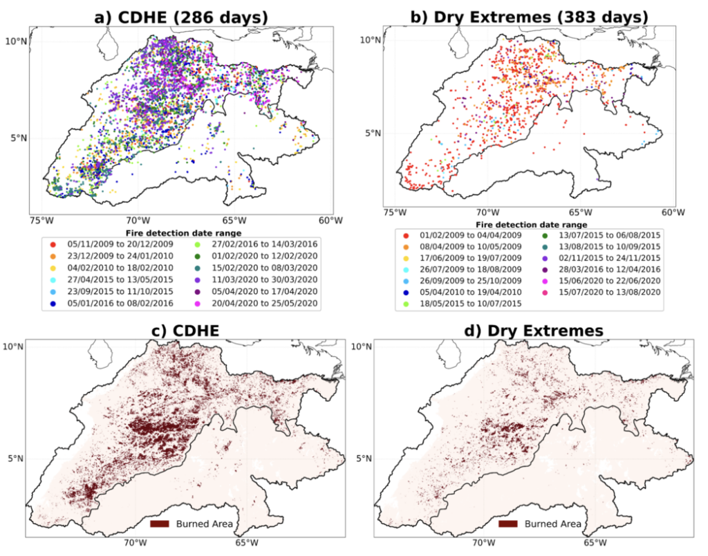 Figura 2. Arriba: Incendios activos durante (a) extremos combinados secos y cálidos (CDHE) y (b) extremos secos en el norte y el sur del Orinoco (delimitados por los contornos negros). El número dentro del paréntesis indica la cantidad total de días en los que se presenta cada extremo. Los colores indican el rango de fechas (Día/Mes/Año) correspondiente a cada incendio detectado. Abajo: Área quemada durante (c) CHDE y (d) extremos secos. Datos de MODIS. Fuente: Arias et al. (2025).